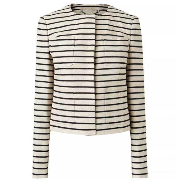 LK Bennett Gia Jacket Womens 2 Cream Stripe Boxy Linen Blend Button Front Blazer - Picture 1 of 8